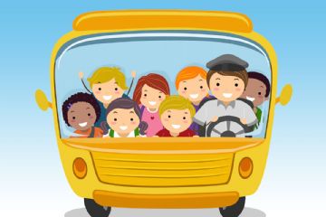 disegno di scuolabus visto anteriormente con autista e bambini all'interno