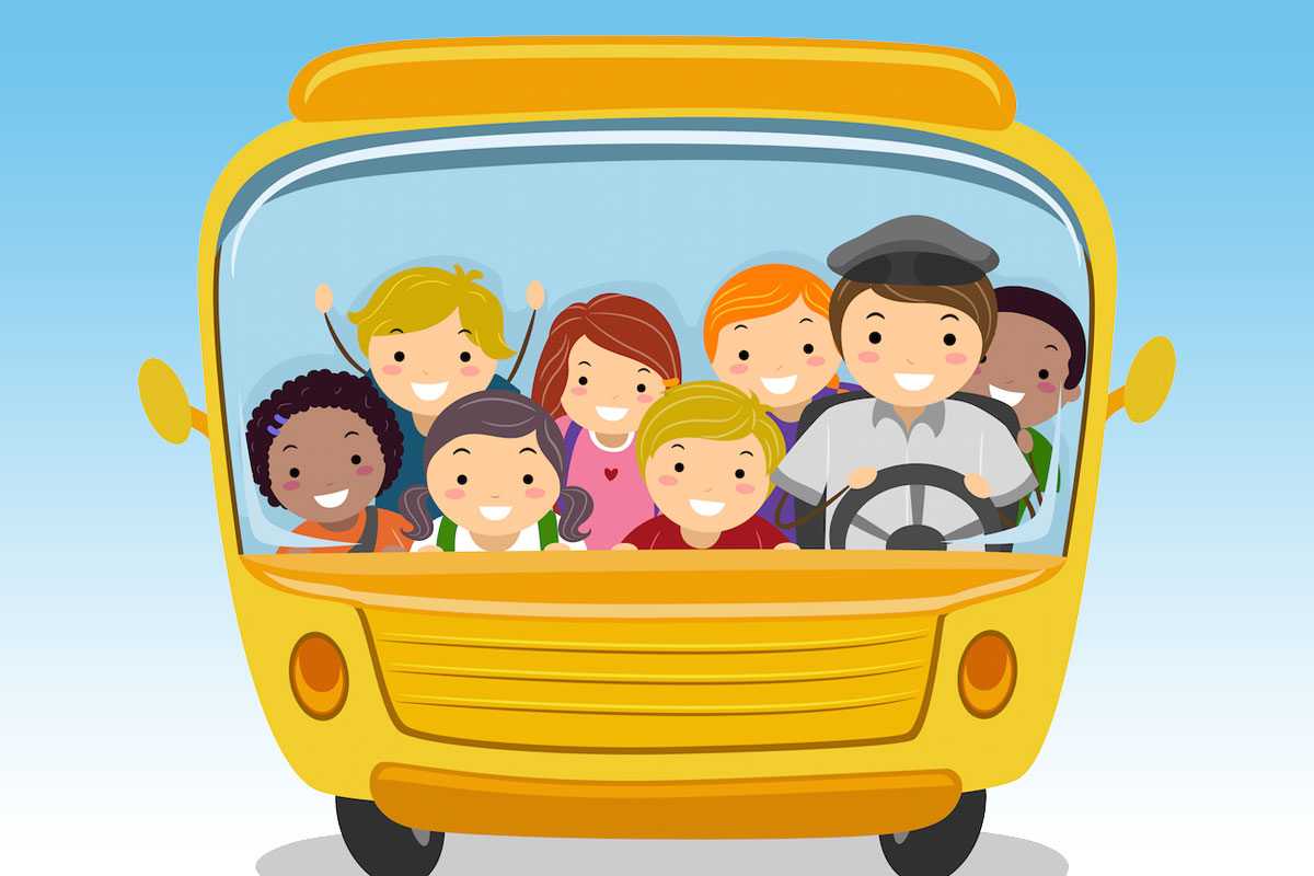 disegno di scuolabus visto anteriormente con autista e bambini all'interno