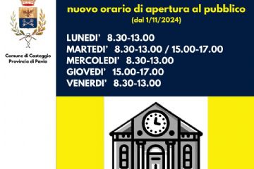 Descrizione dei nuovi orari degli uffici Comunali, logo del comune sulla sinistra dell'immagine e sotto un'immagine stilizzata della sede Comunale
