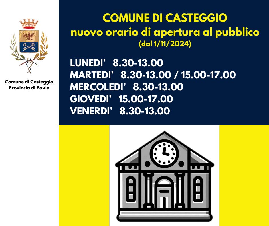 Descrizione dei nuovi orari degli uffici Comunali, logo del comune sulla sinistra dell'immagine e sotto un'immagine stilizzata della sede Comunale
