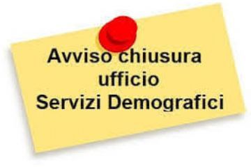 Su disegno di un post-it giallo fissato con una puntina rossa, in nero, la scritta "Avviso chiusura ufficio Servizi Demografici".