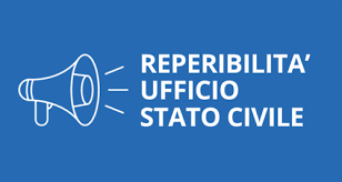 Sfondo blu. A sinistra, immagine di un megafono bianco. A destra, la scritta in bianco, "REPERIBILITA' UFFICIO STATO CIVILE", in maiuscolo. 